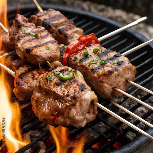 Barbecue skewers meat kebabs with vegetables on flaming grill photo