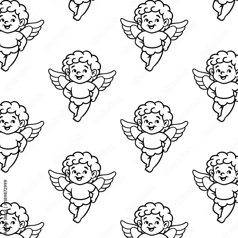 Seamless pattern, Smiling cherub with angel wings in black and white Seamless pattern, Smiling cherub with angel wings in black and white