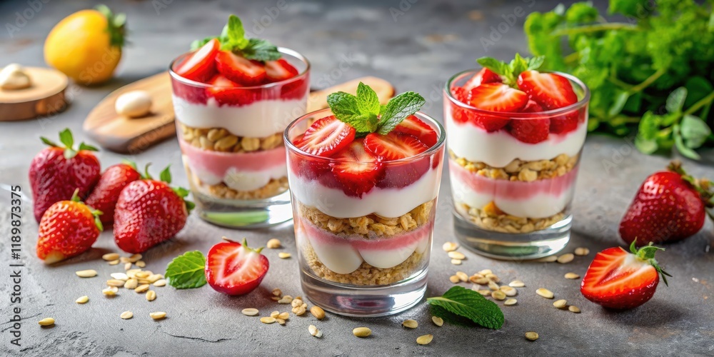Strawberry Banana Oatmeal Yogurt Parfait Recipe: Healthy Breakfast Dessert in Glasses - Flat Lay Photo Strawberry Banana Oatmeal Yogurt Parfait Recipe: Healthy Breakfast Dessert in Glasses - Flat Lay Photo