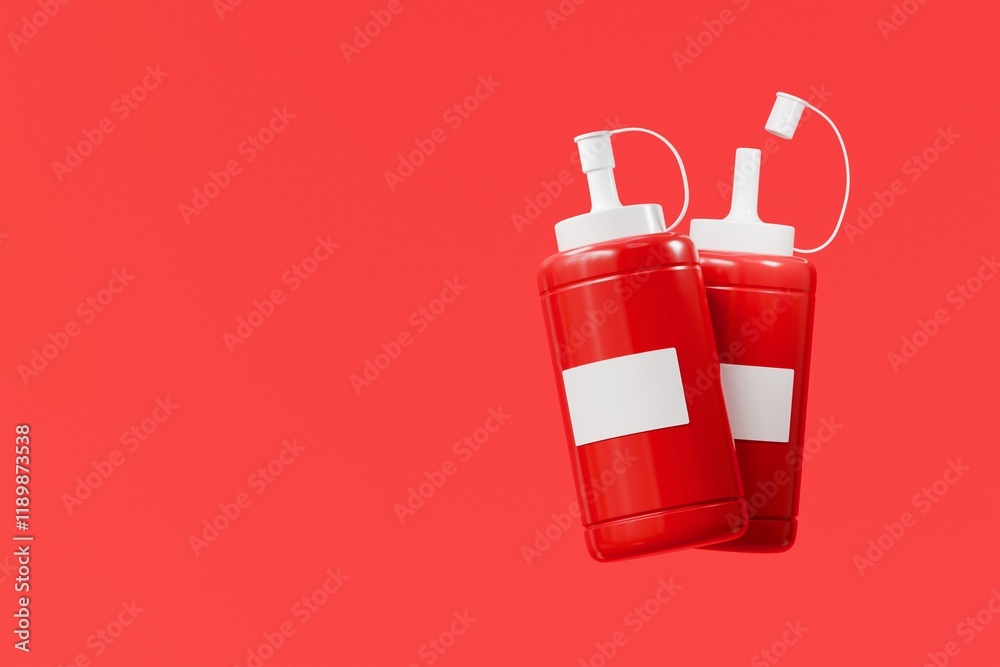 Obraz premium 3d Ketchup sauce icon. Fast food sauce concept. Minimal Cartoon Ketchup tomato sauce red bottle packaging mockup for cook food product icon creative isolated on transparent background. PNG. 3d render.
