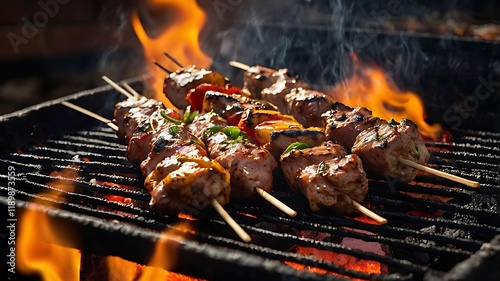 Barbecue skewers meat kebabs with vegetables on flaming grill photo