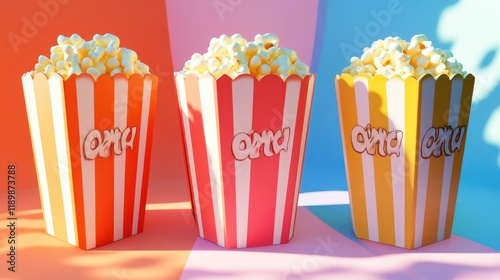 Three colorful 3D-rendered images of a cartoon-style popcorn box set against diverse backgrounds.