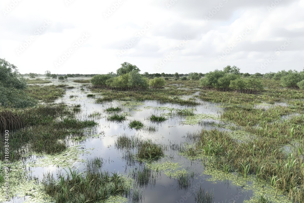 Fototapeta premium Serene Wetland Landscape with Lush Vegetation and Cloudy Sky