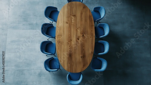 Top view of a contemporary meeting table surrounded by blue chairs, set against a concrete background, highlighting a modern and clean design for professional settings. photo