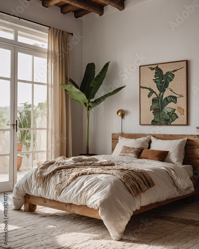 Inviting boho inspired bedroom with bamboo furniture green plants in pots and a soft beige color scheme that adds a tropical touch Bohemian Interior Design Inspiration photo