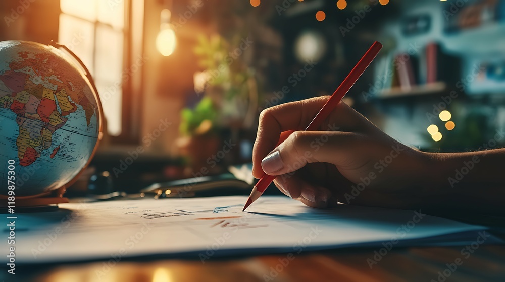 Obraz premium Close up of female hand writing in notebook with pencil on table in library