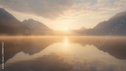 Misty Mountain Sunrise Over Still Waters