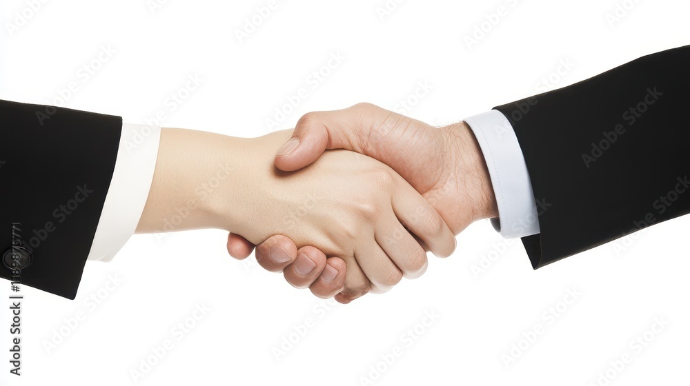 Two individuals in business attire shaking hands against a white background, representing agreement and partnership in a professional context. Two individuals in business attire shaking hands against a white background, representing agreement and partnership in a professional context.