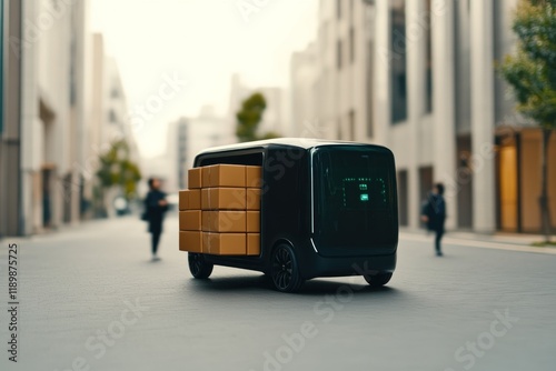 Autonomous delivery vehicle urban street technology innovation modern city side view future logistics photo