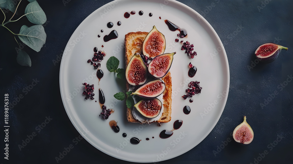 custom made wallpaper toronto digitalGourmet fig toast on a white plate, decorated with balsamic glaze, pomegranate seeds, and fresh mint.  A sophisticated and visually appealing dessert or appetizer.