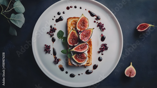 Wallpaper Mural Gourmet fig toast on a white plate, decorated with balsamic glaze, pomegranate seeds, and fresh mint.  A sophisticated and visually appealing dessert or appetizer. Torontodigital.ca