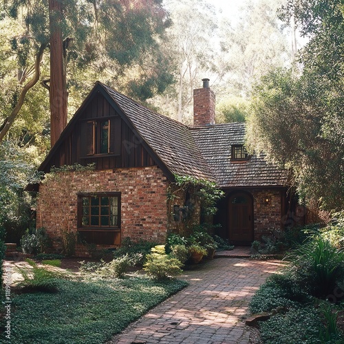 Charming Brick Cottage nestled in a lush forest setting photo