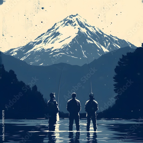 Three fishermen stand in a lake, fishing rods in hand, with a majestic snow-capped mountain in the background.