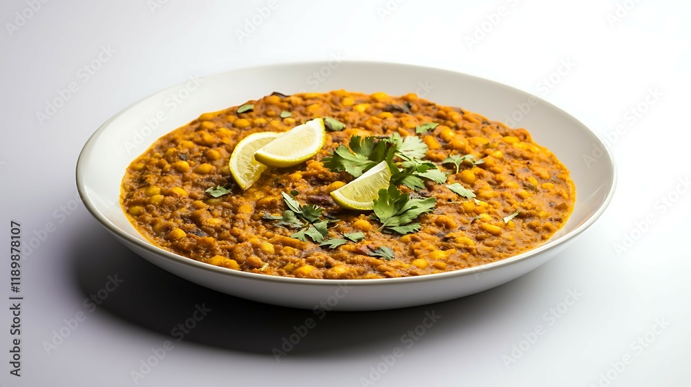 Vegetarian red lentil soup with tomato parsley and lemon on white background Vegetarian red lentil soup with tomato parsley and lemon on white background