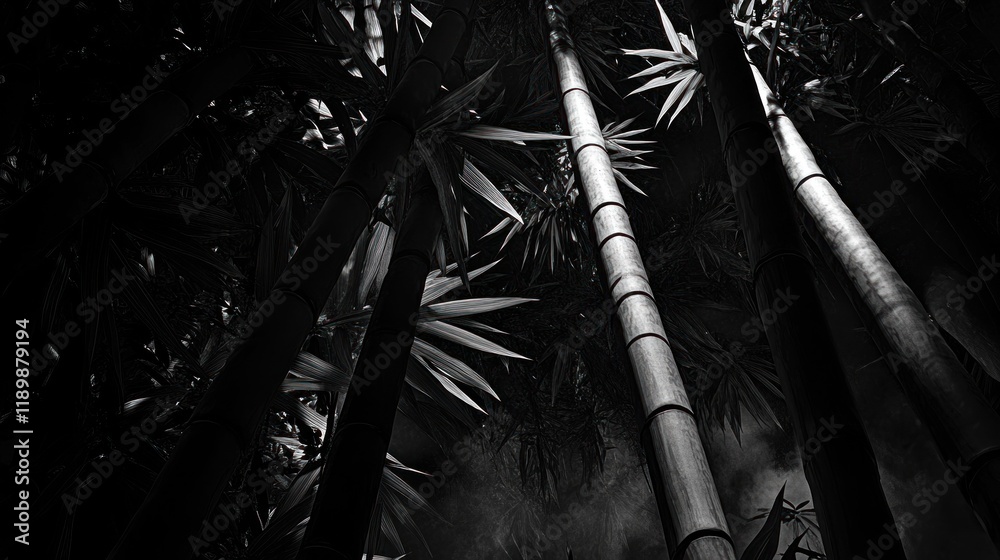 Naklejka premium Bamboo stalks reaching upward, forest undergrowth, monochromatic, nature backdrop