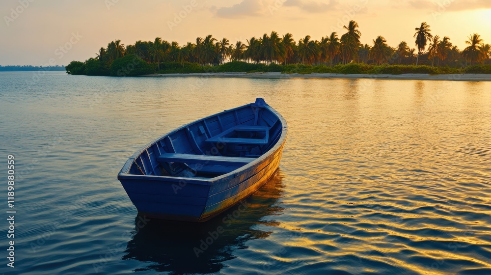 Serene Sunset Over Calm Water with a Single Blue Boat Surrounded by Lush Green Palm Trees and Golden Skies Reflecting on Tranquil Waves Serene Sunset Over Calm Water with a Single Blue Boat Surrounded by Lush Green Palm Trees and Golden Skies Reflecting on Tranquil Waves