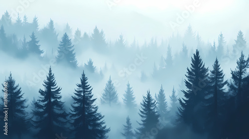 Winter forest in the fog. Windcrest. Illustration