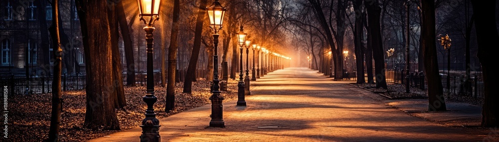Fototapeta premium Nightfall park path, city lights, autumn trees, romantic ambiance, travel photography