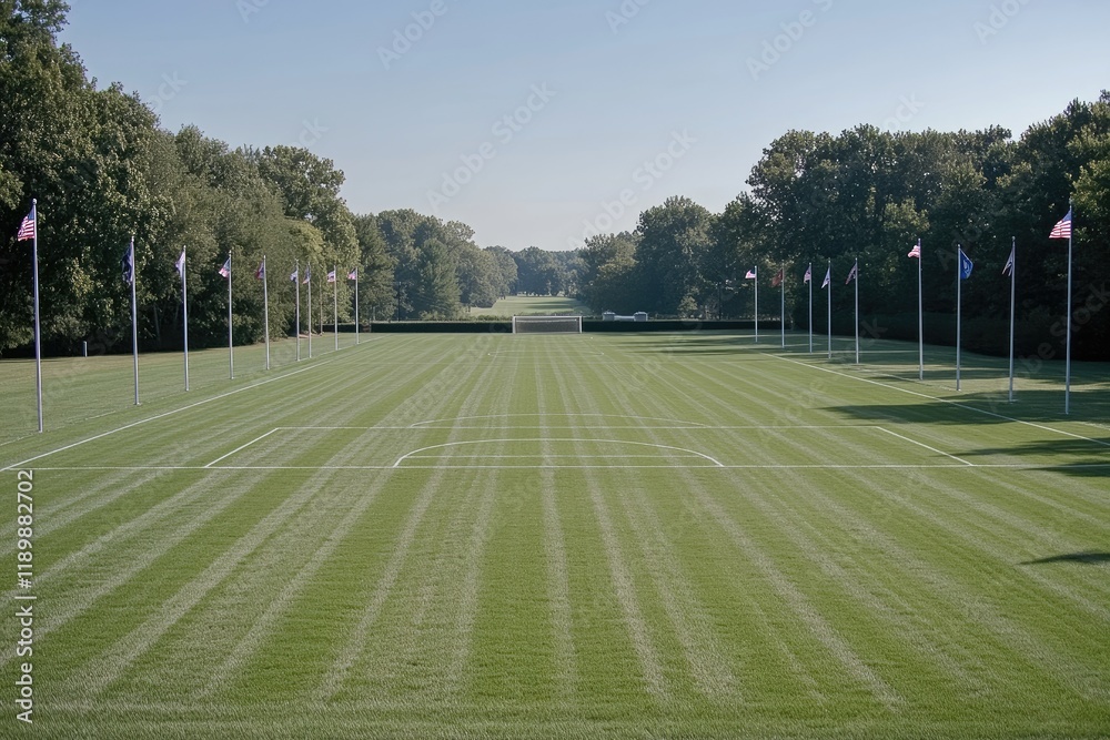 Obraz premium Colorful Flags Gracefully Adorning a Lush Green Lawn Under a Clear Blue Sky
