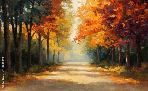 Serene Autumn Pathway Surrounded by Vibrant Fall Foliage