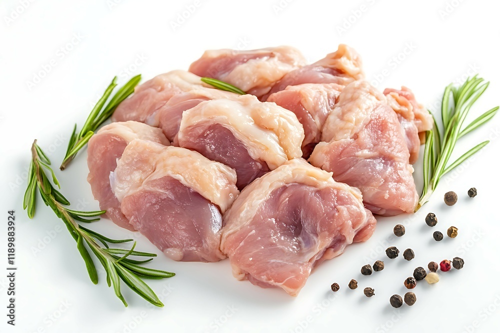 Raw chicken fillets on a white plate with rosemary, top view Raw chicken fillets on a white plate with rosemary, top view