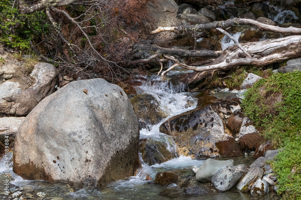 Mountain stream in the hills of Tierra del Fuego, just outside Ushuaia, Argentina. Rocks, branches and green grass surround the cascading water.
Mountain stream in the hills of Tierra del Fuego, just outside Ushuaia, Argentina. Rocks, branches and green grass surround the cascading water.