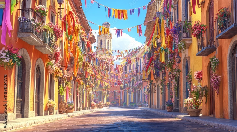 Fototapeta premium Vibrant Street Festival in a Colorful Town with Festive Atmosphere and Decorations