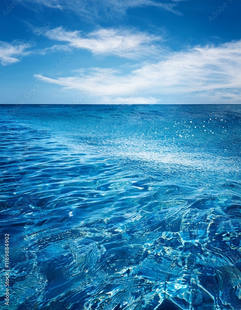 Fototapeta premium Blue ocean, water surface, blue sky, cloudy sky, horizon, sea waves background