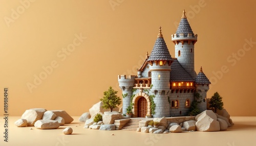 Enchanted Fairytale Castle on a Rocky Island: 3D Rendered Fantasy Architecture photo