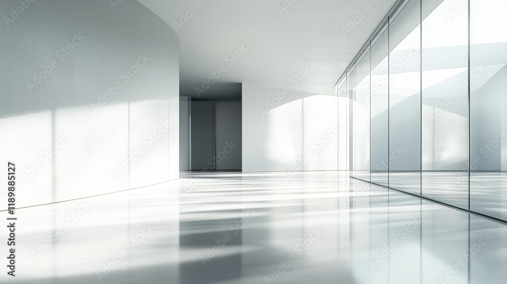 Modern interior of an empty white hall with glass walls, light shadows, and reflections on the floor, minimalist design Modern interior of an empty white hall with glass walls, light shadows, and reflections on the floor, minimalist design