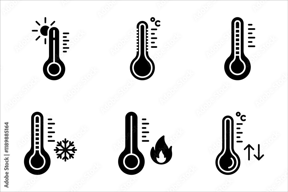 Thermometer icon set in flat style. Climate control vector illustration on isolated background. Weather change sign business concept. Thermometer icon set in flat style. Climate control vector illustration on isolated background. Weather change sign business concept.