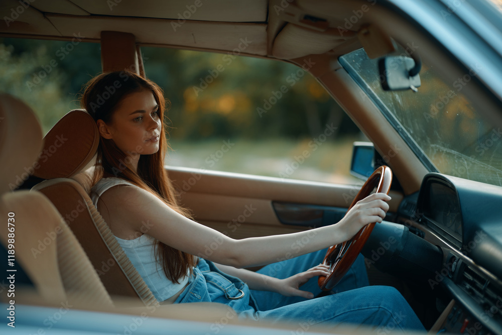 Fototapeta premium Beautiful young woman with long hair driving a vintage car in sunset light, showcasing a serene expression and casual summer outfit.