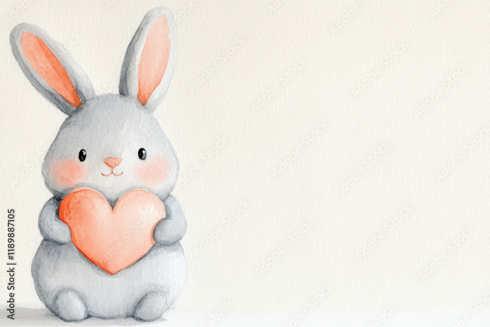 Obraz premium Cute stuffed bunny holding soft peach heart in watercolor style