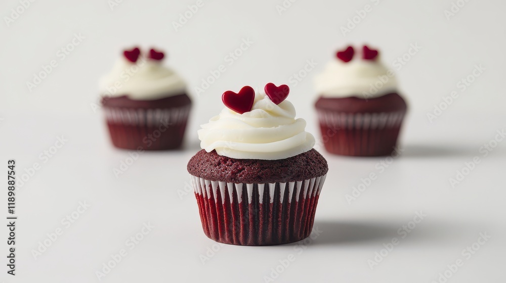 red velvet cupcakes with white frosting and small heart-shaped sugar decorations on top, against a white background with studio lighting. In the background, there is an elegant Valentine's Day .