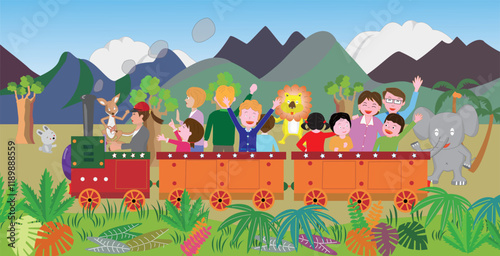 レトロな蒸気機関車に乗って楽しんでいる家族。