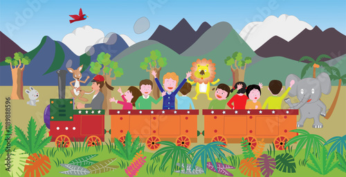 レトロな蒸気機関車に乗って楽しんでいる子供たち。