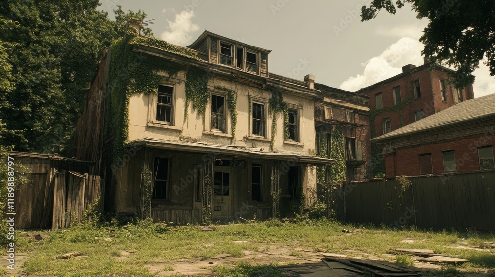 Obraz premium Abandoned Victorian House Surrounded by Overgrown Vegetation with Crumbling Facade and Weathered Exterior in a Forgotten Neighborhood Setting