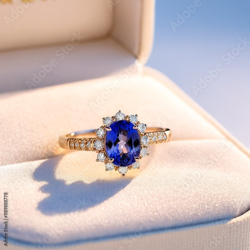A gold ring with a blue gemstone and white diamonds is displayed in a white jewelry box.