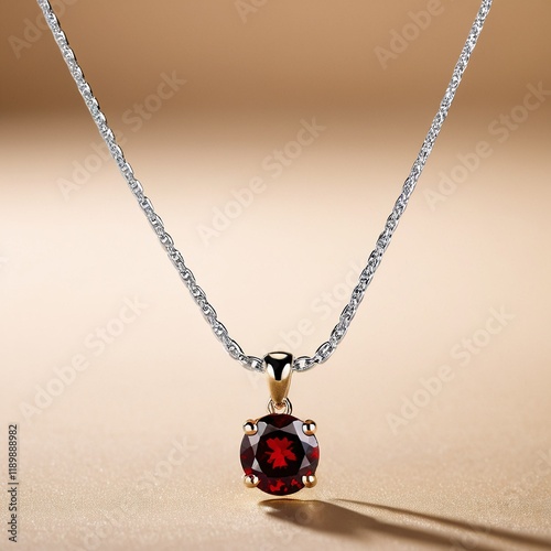 A silver necklace with a red gemstone pendant and a gold chain is displayed against a beige background.