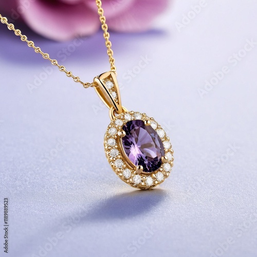 A gold necklace with a pendant featuring a purple gemstone and a halo of smaller diamonds is displayed against a purple background.