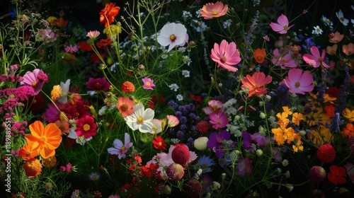 Fototapeta Naklejka Na Ścianę i Meble -  a enchanted garden where flowers bloom in a riot of colors, white space in the center of the page for text, bold and dynamic hues against a dark background