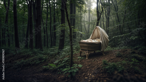 A surreal image of an empty bassinet abandoned in the middle of the woods. An atmosphere of abandonment and isolation. A wicker basket with netting. photo