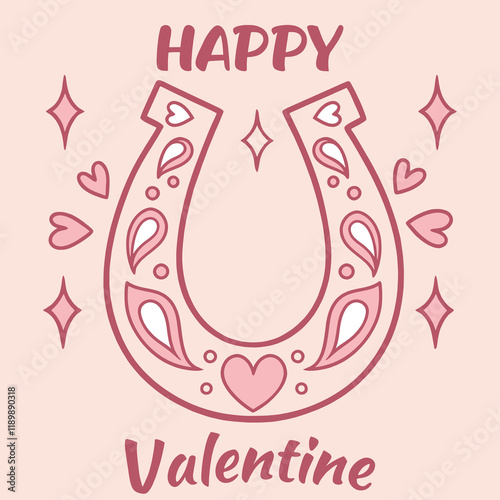 Cute Retro Horseshoe Western Valentine design with hearts and sparkles in pink tones.
