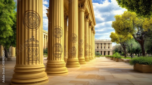 Historic Columns in a Sunlit Park Setting Showcasing Architectural Heritage and Nature