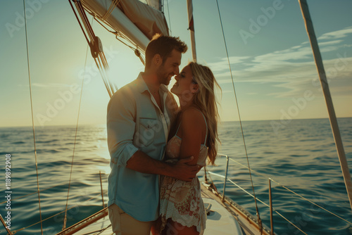 Couple in Love on a Sailboat Enjoying a Romantic Valentine's Day Amidst Stunning Ocean and Coastal Views