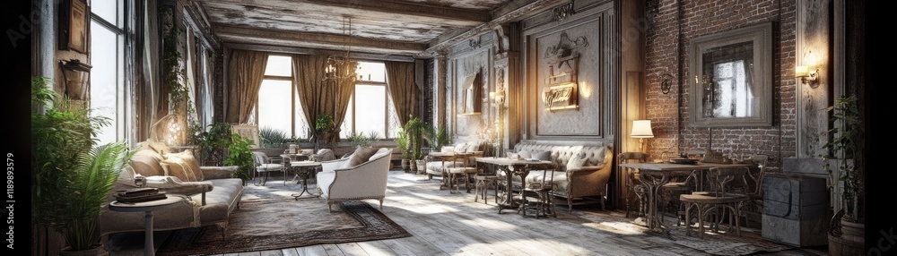 Fototapeta premium Elegant Vintage Lounge with Natural Light and Cozy Seating Area