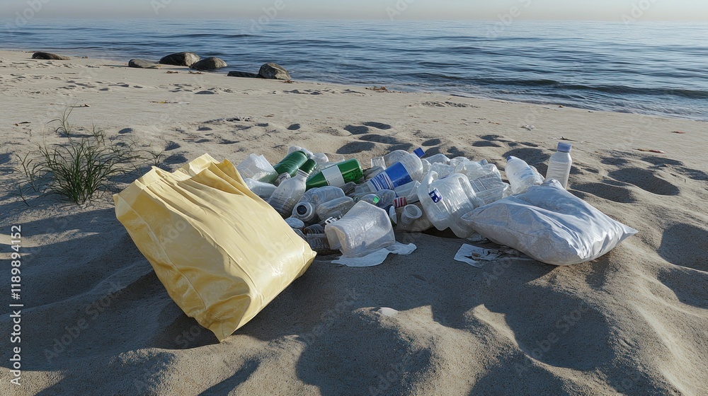 Plastic Waste on a Sandy Beach at Sunrise ? Environmental Awareness and Conservation Plastic Waste on a Sandy Beach at Sunrise ? Environmental Awareness and Conservation