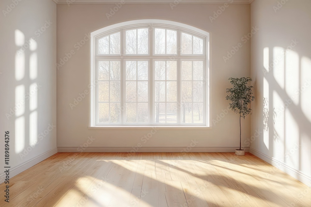 Bright Sunlit Minimal Scandinavian Interior Room with Large Window and Wooden Floor Bright Sunlit Minimal Scandinavian Interior Room with Large Window and Wooden Floor