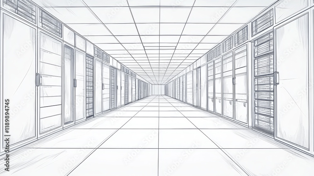 Detailed Line Art of a Modern Data Center Corridor with Server Racks, Clean Design, and Symmetrical Perspective for Technology and Infrastructure Projects Detailed Line Art of a Modern Data Center Corridor with Server Racks, Clean Design, and Symmetrical Perspective for Technology and Infrastructure Projects