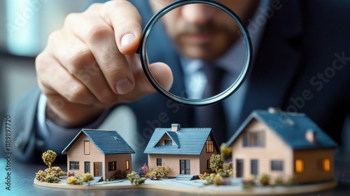 Businessman Examining Property with Magnifying Glass in Sharp Suit photo